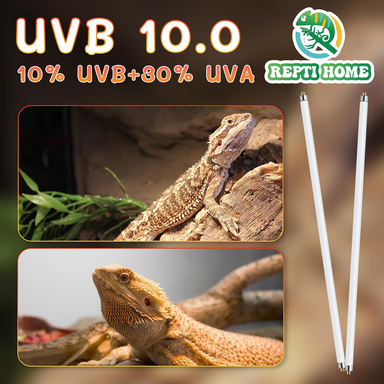 Close-up of the REPTI HOME 10.0 UVB light tube showing specifications printed on the glass.