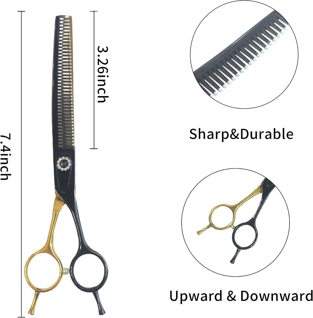 Premium curved pet blending shears with ergonomic offset handle and adjustable tension screw.