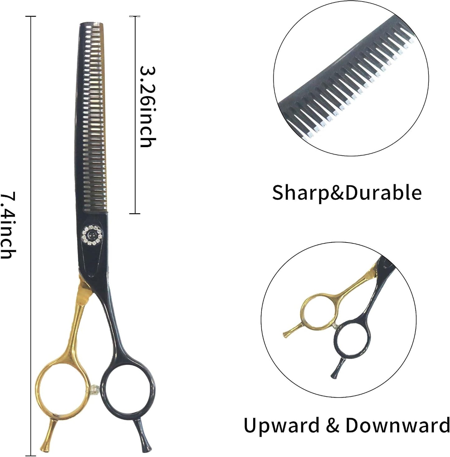 Premium curved pet blending shears with ergonomic offset handle and adjustable tension screw.