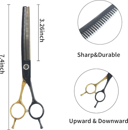 Premium curved pet blending shears with ergonomic offset handle and adjustable tension screw.