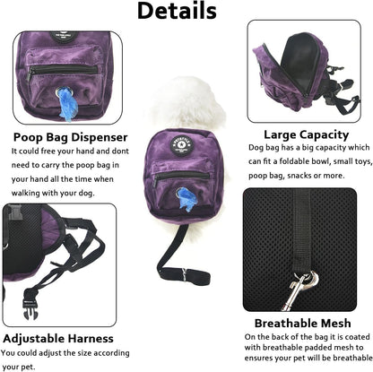 FLAdorepet purple dog backpack harness showing the matching forty five inch nylon leash attached to the D ring