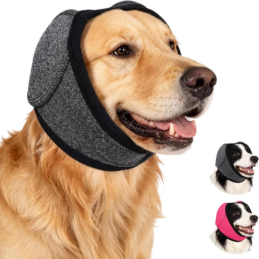 Generic dog noise canceling earmuffs front view on a pet for hearing protection