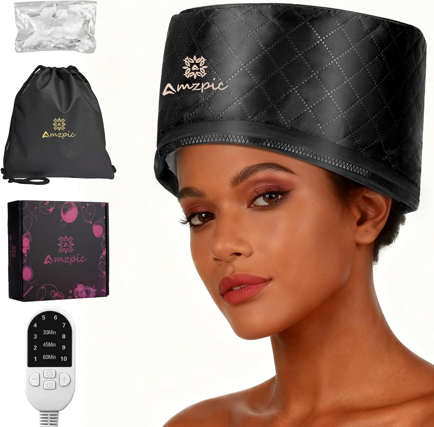 V-ORAL thermal heat cap for deep conditioning front view showing quilted black material