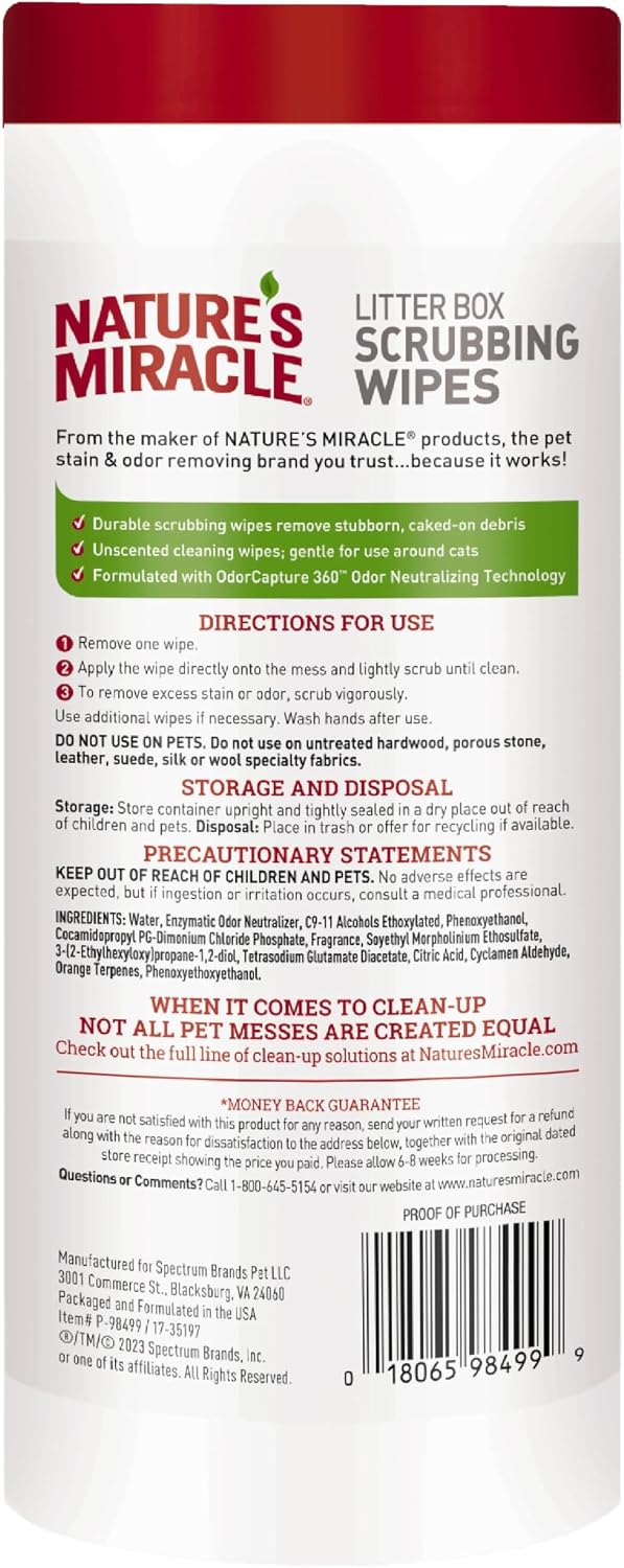 Natures Miracle pet odor eliminator wipes packaging label details