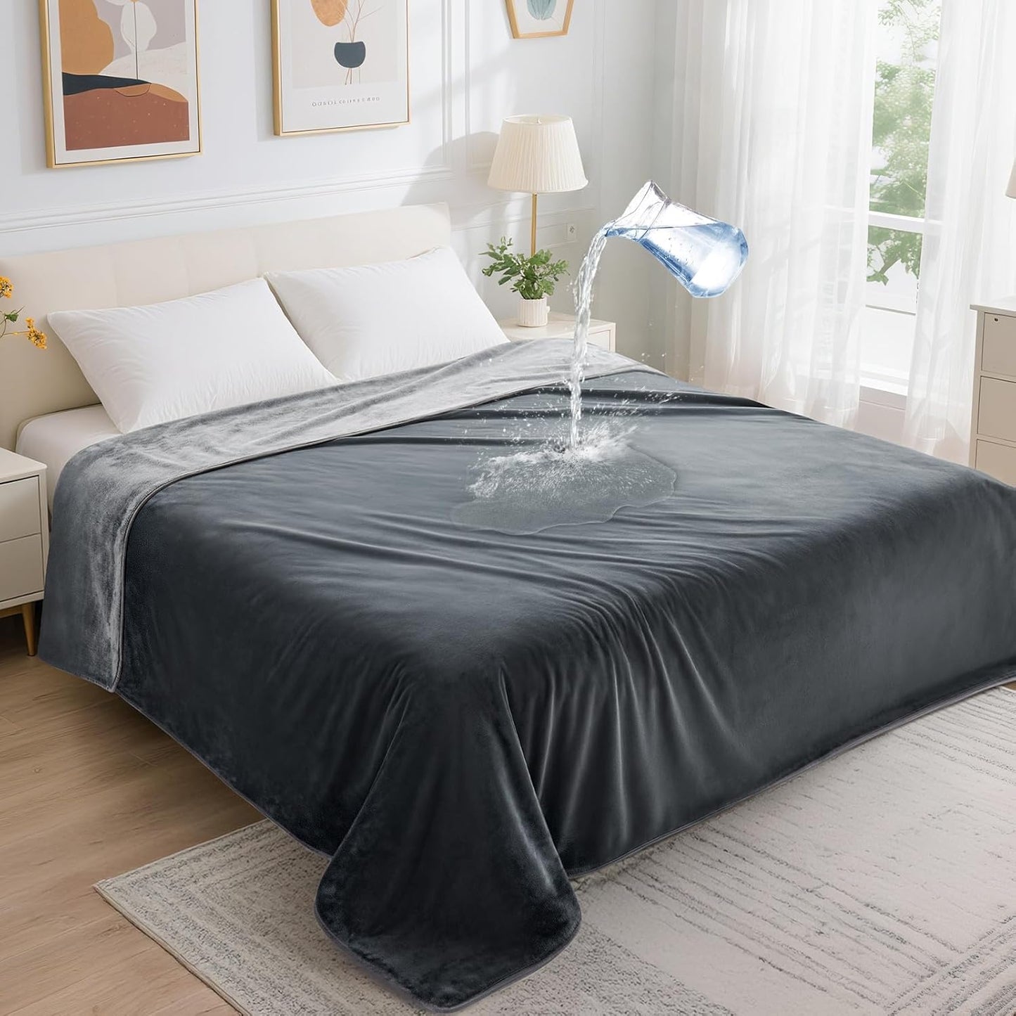 LOOBANI waterproof blanket for bed front view soft grey flannel throw