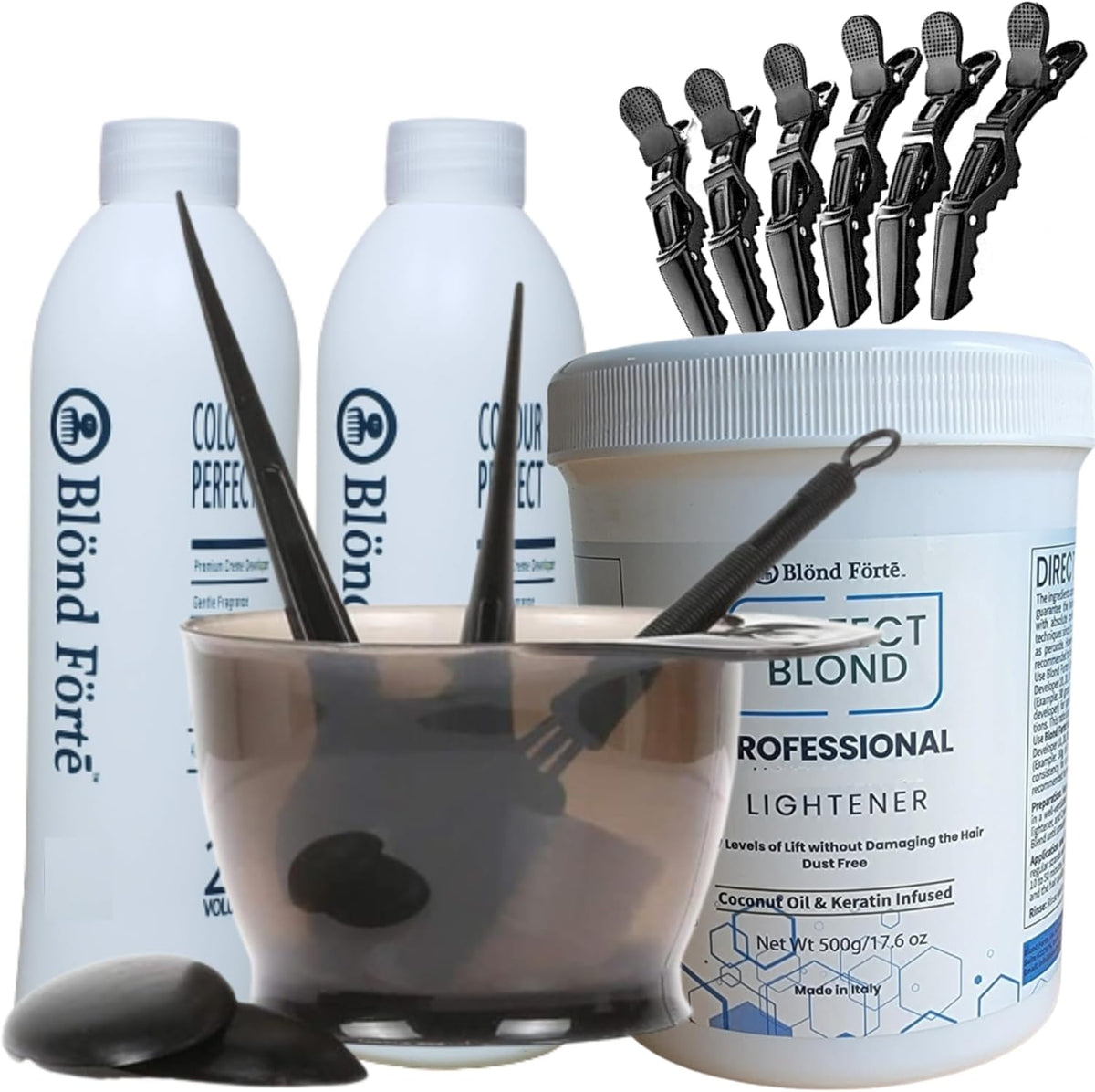 Blond Forte Perfect Blonde Hair Bleach Kit front view showcasing lightening powder and developer bottle