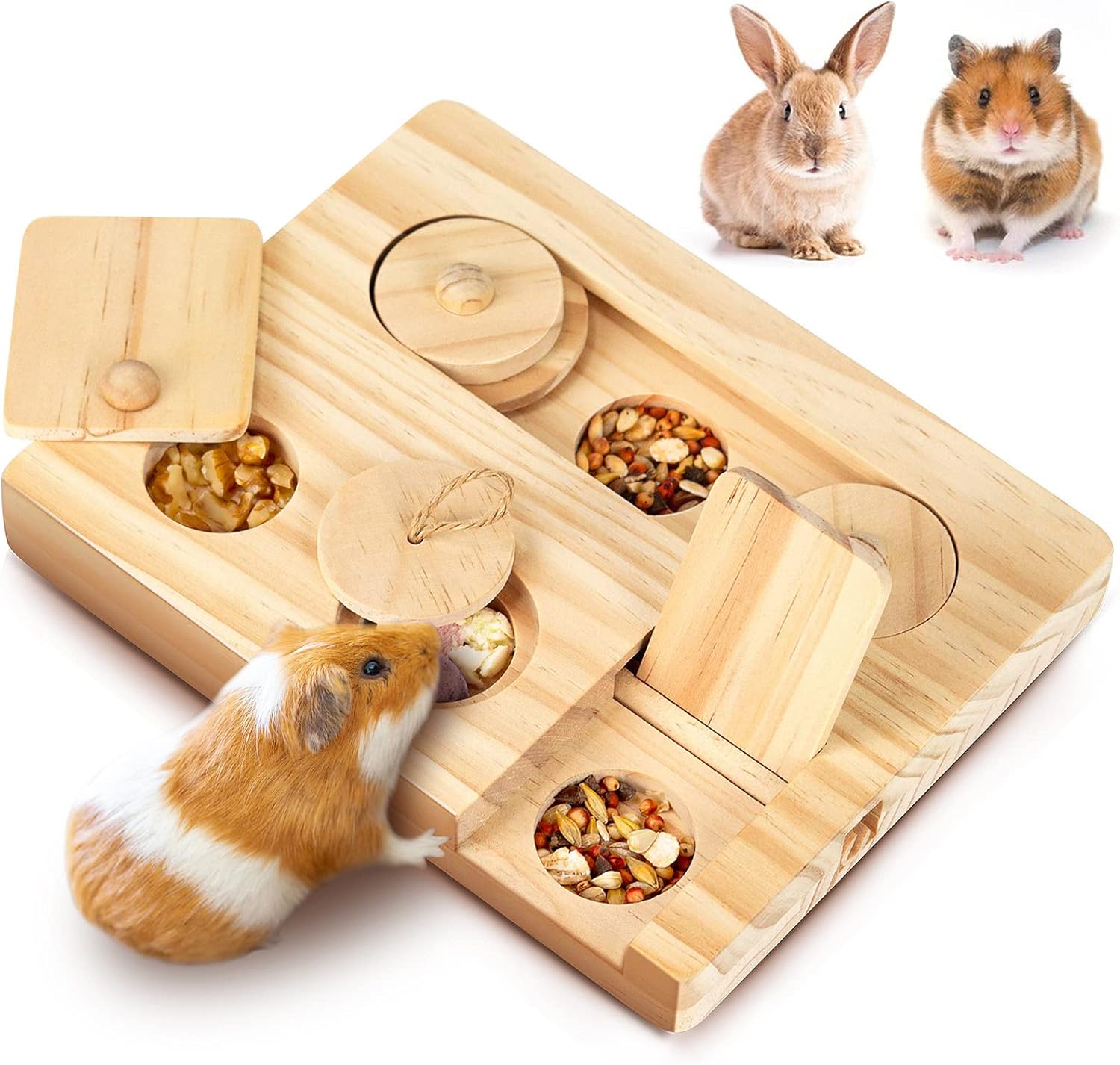 MWAOWM wooden guinea pig foraging toy front view showing interactive slide panels