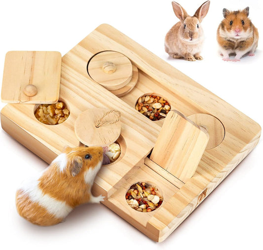 MWAOWM wooden guinea pig foraging toy front view showing interactive slide panels