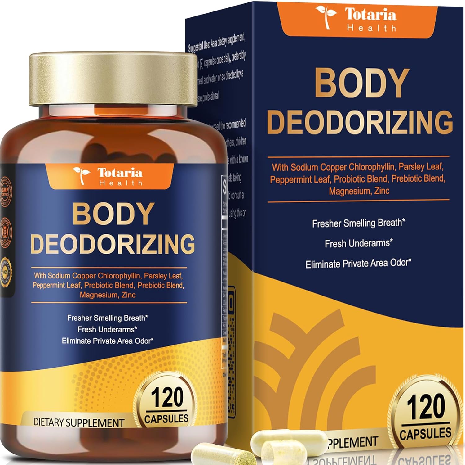 Migcopat Totaria Chlorophyll Body Deodorizing Supplement 120 capsules front view showing internal deodorant benefits.