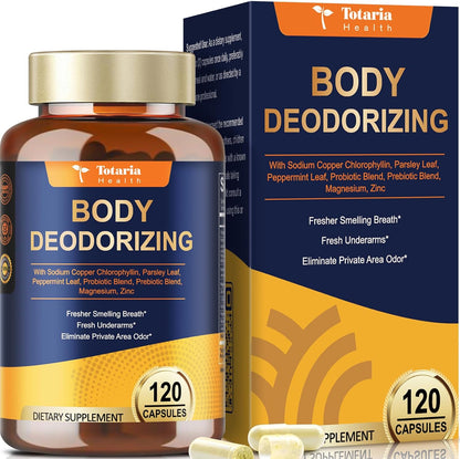 Migcopat Totaria Chlorophyll Body Deodorizing Supplement 120 capsules front view showing internal deodorant benefits.