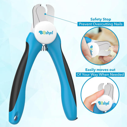 Hand holding Boshel dog nail trimmer with ergonomic grip