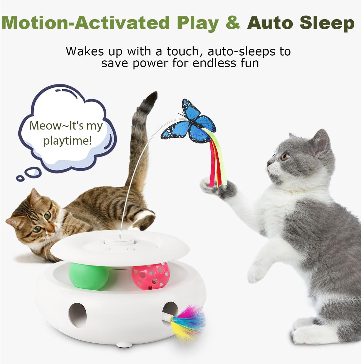 INKZOO motorized kitten play station demonstrating the complete triple-action movement design.