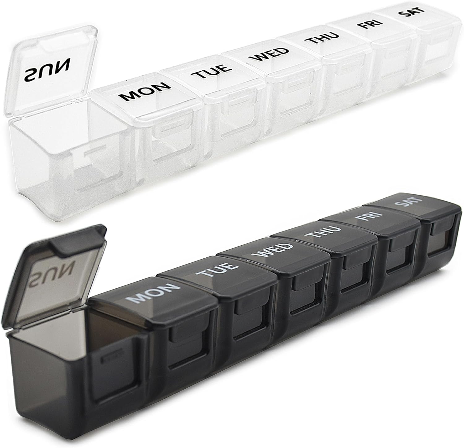 Modenkongjian 2 Pack Weekly Pill Organizer front view showing white and black medicine boxes