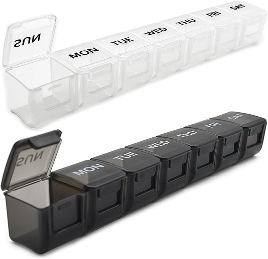 Modenkongjian 2 Pack Weekly Pill Organizer front view showing white and black medicine boxes