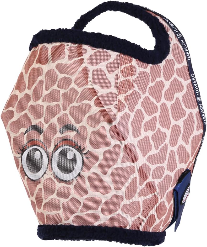 Side profile of horse wearing giraffe print fly mask