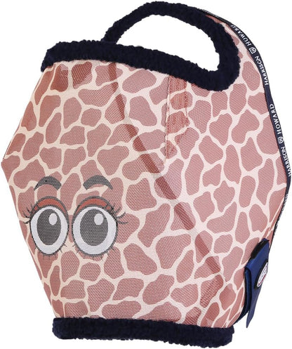 Side profile of horse wearing giraffe print fly mask