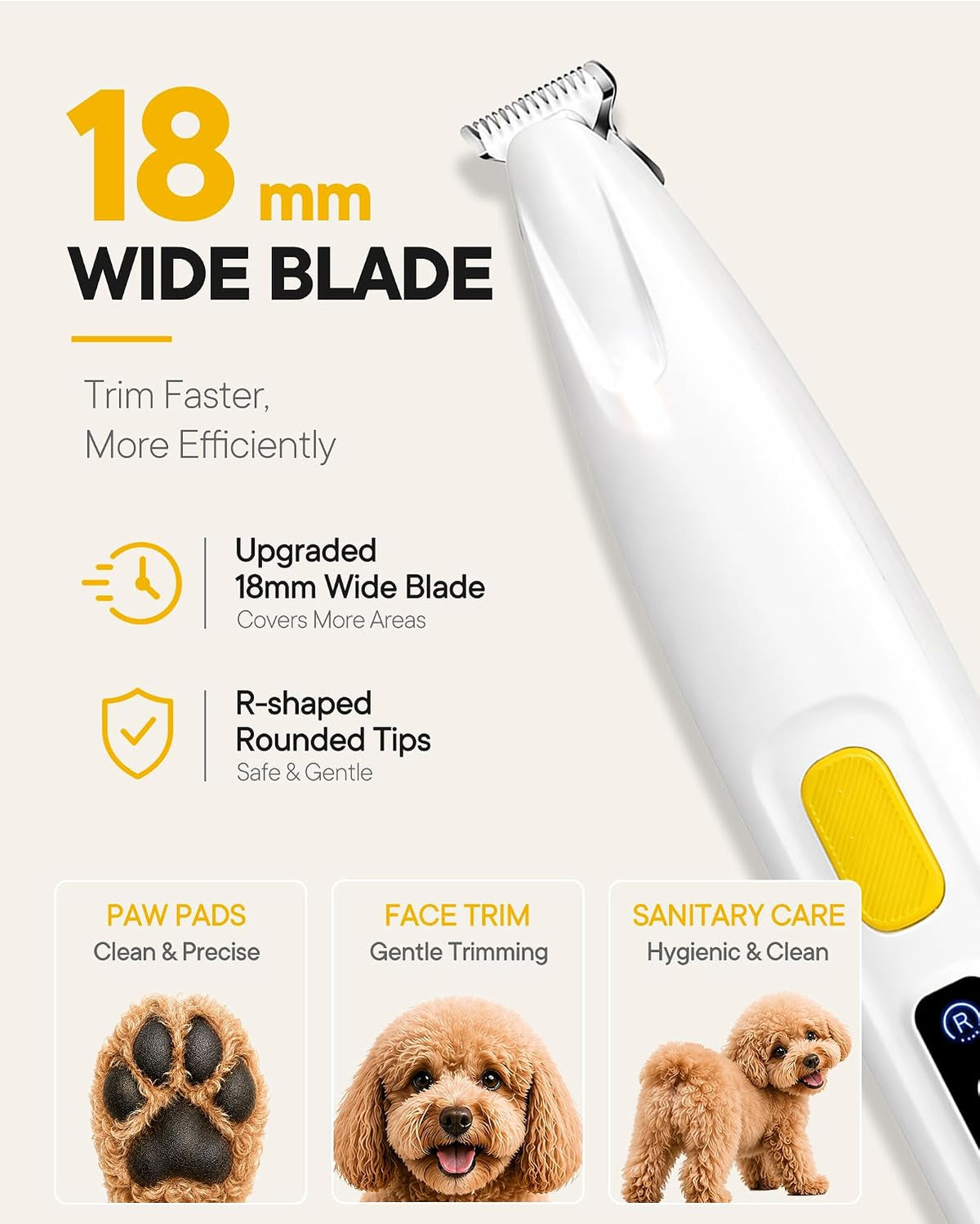 Furbona pet clipper showing the eighteen millimeter widened blade angle.