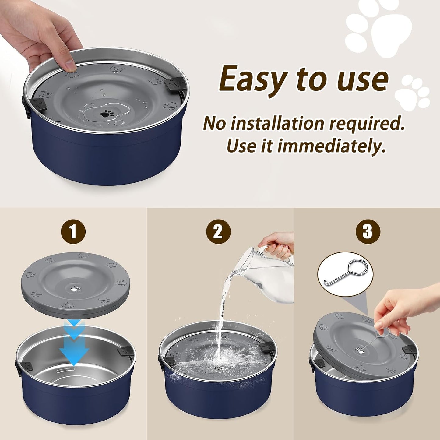 PurazQyn mess free dog water bowl placed on a tiled floor showing anti-skid stability.