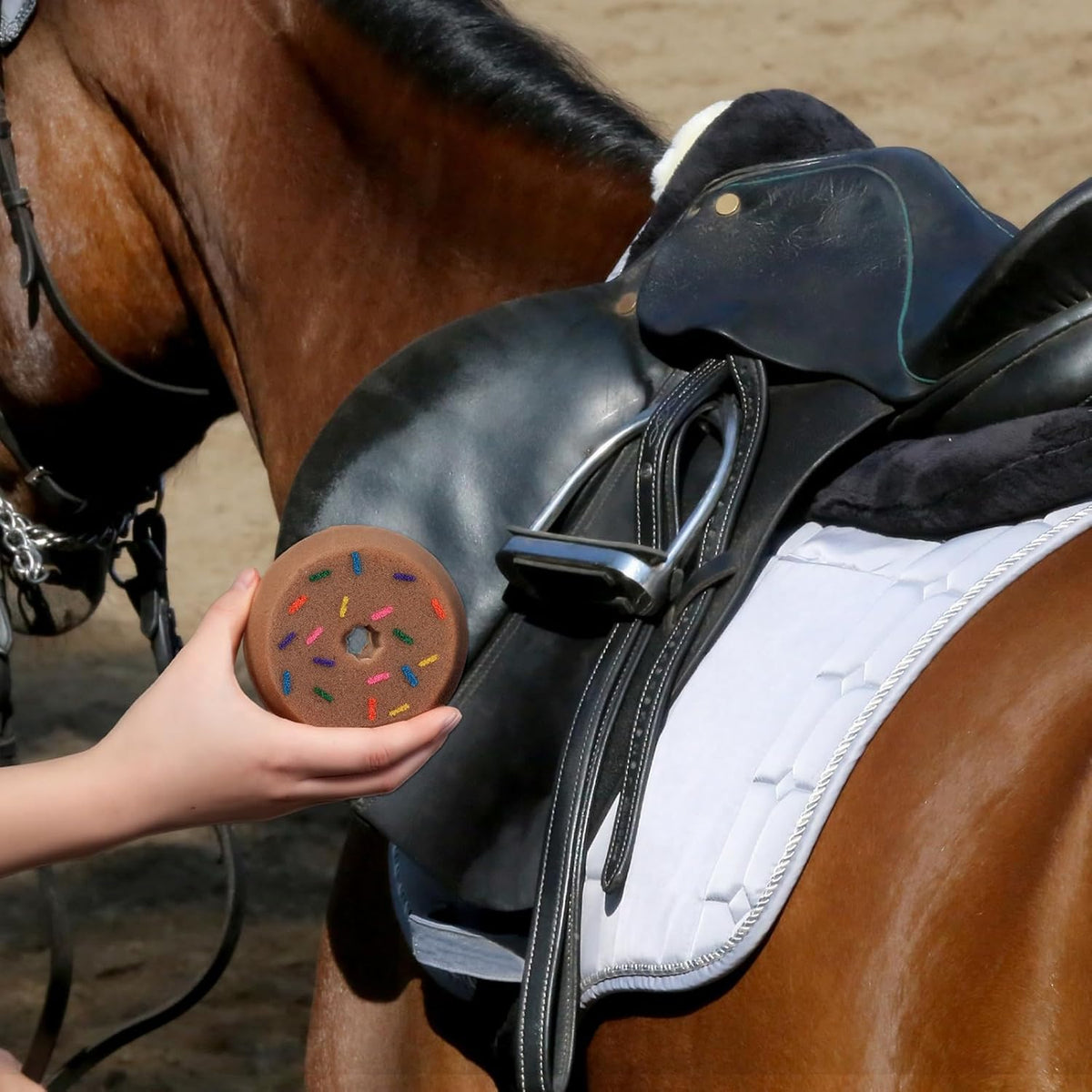 LemonRoad 8 pack gear sponges being used to clean leather horse saddles