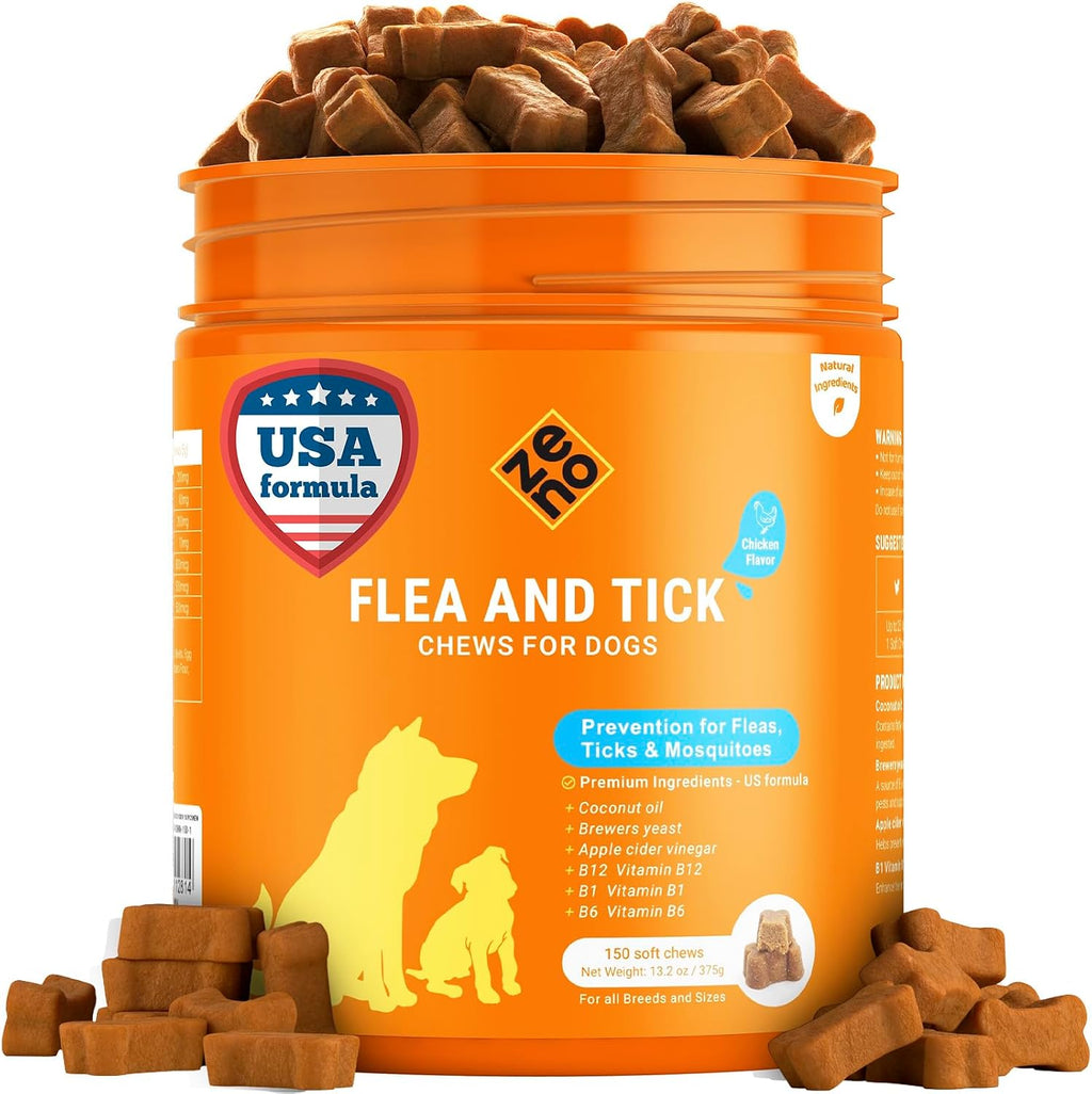 ZENO Flea and Tick Prevention Chewables for Dogs front view of the 150 count container.