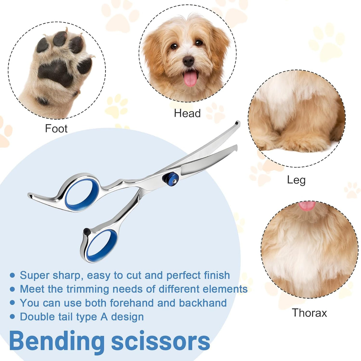 Curved 4CR stainless steel blades designed for precise face and paw trimming on cats and dogs