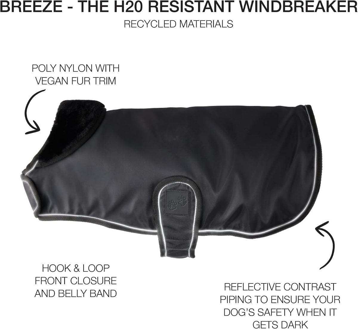 Pet Passion water resistant pet jacket with vegan fur trim side view