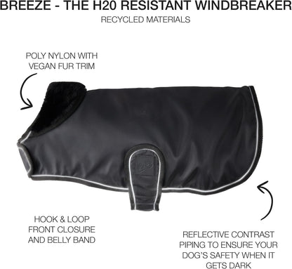 Pet Passion water resistant pet jacket with vegan fur trim side view