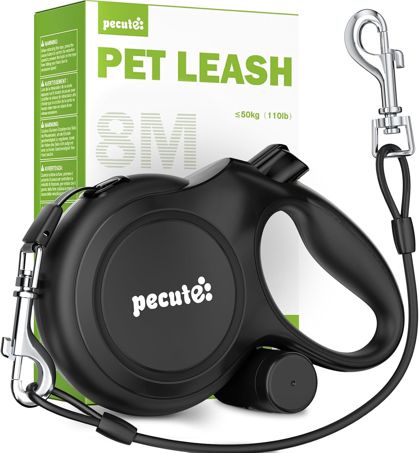 Pecute 26ft Retractable Dog Leash black front view
