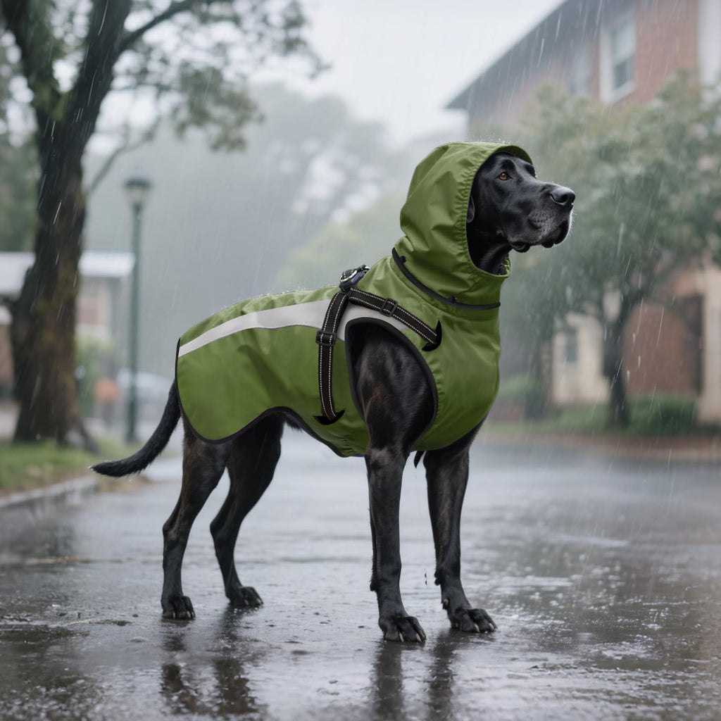 Mosucoirl green dog jacket packaging and labels detailing authentic imported product features.