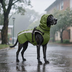 Mosucoirl green dog jacket packaging and labels detailing authentic imported product features.