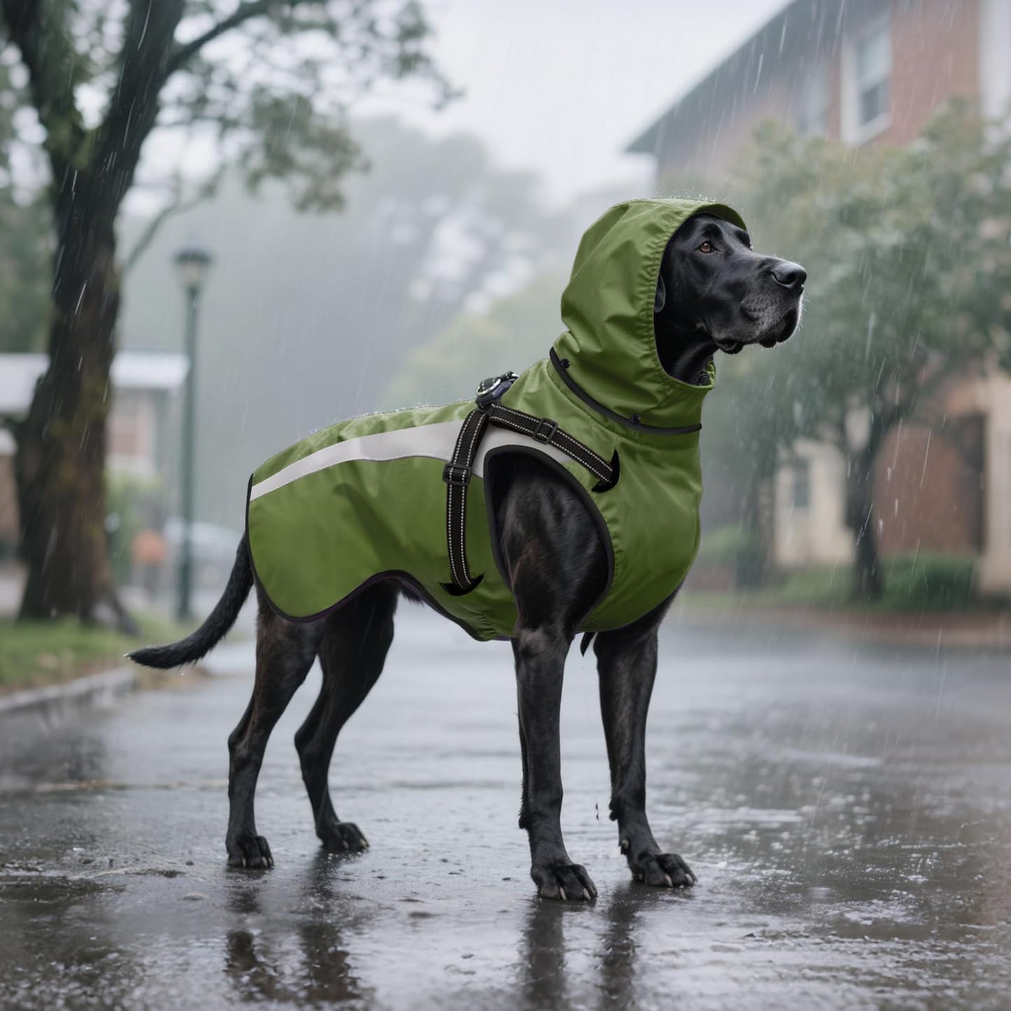 Mosucoirl green dog jacket packaging and labels detailing authentic imported product features.