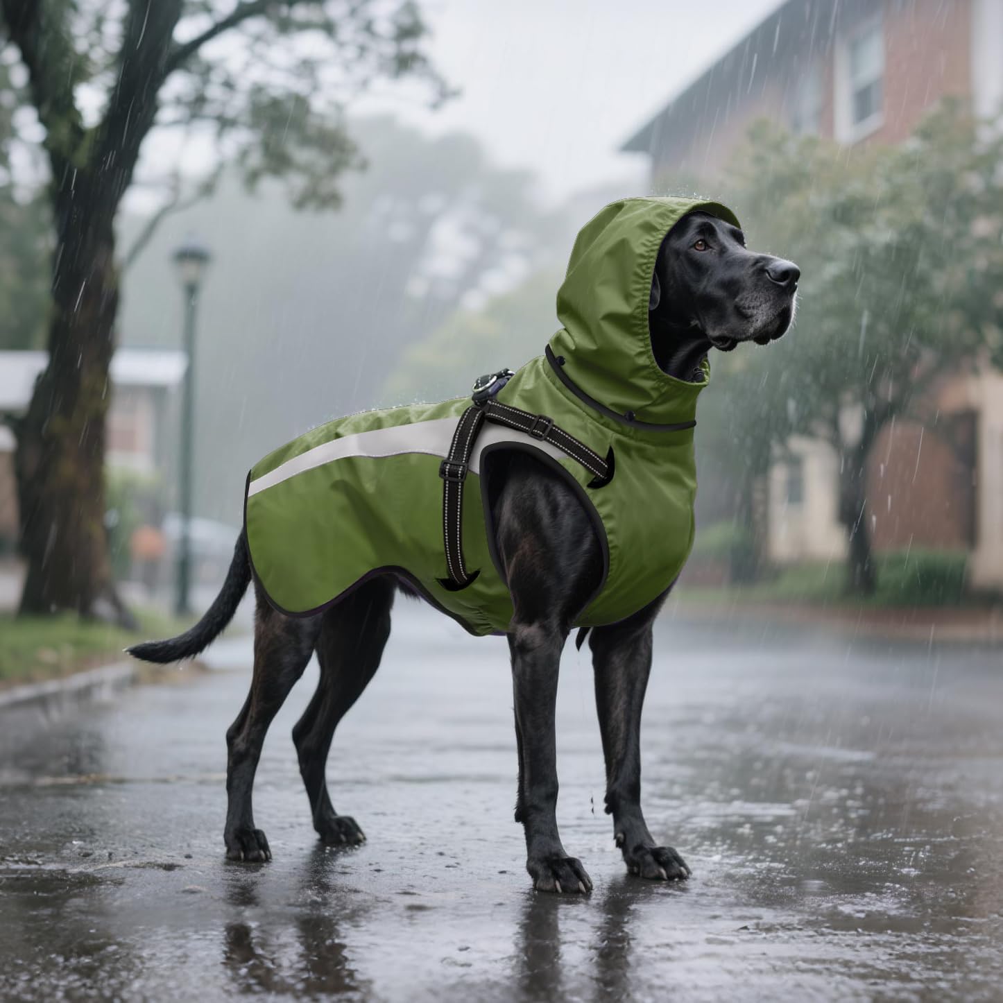 Mosucoirl green dog jacket packaging and labels detailing authentic imported product features.