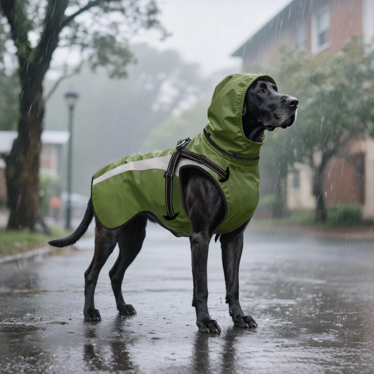 Mosucoirl green dog jacket packaging and labels detailing authentic imported product features.