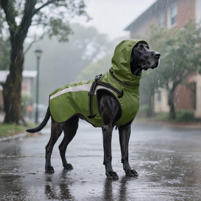 Mosucoirl green dog jacket packaging and labels detailing authentic imported product features.