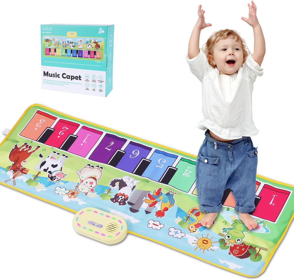 Mfcir farm animals piano mat front view displaying vibrant green pasture graphics with animal icons and electronic keyboard keys