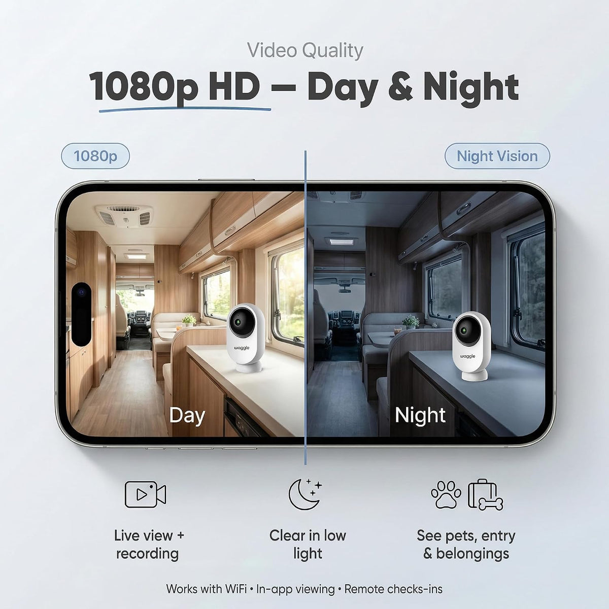 Waggle security camera mobile app interface on a smartphone screen