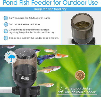 Hygger outdoor pond pet feeder showing the thick waterproof lid and durable construction.
