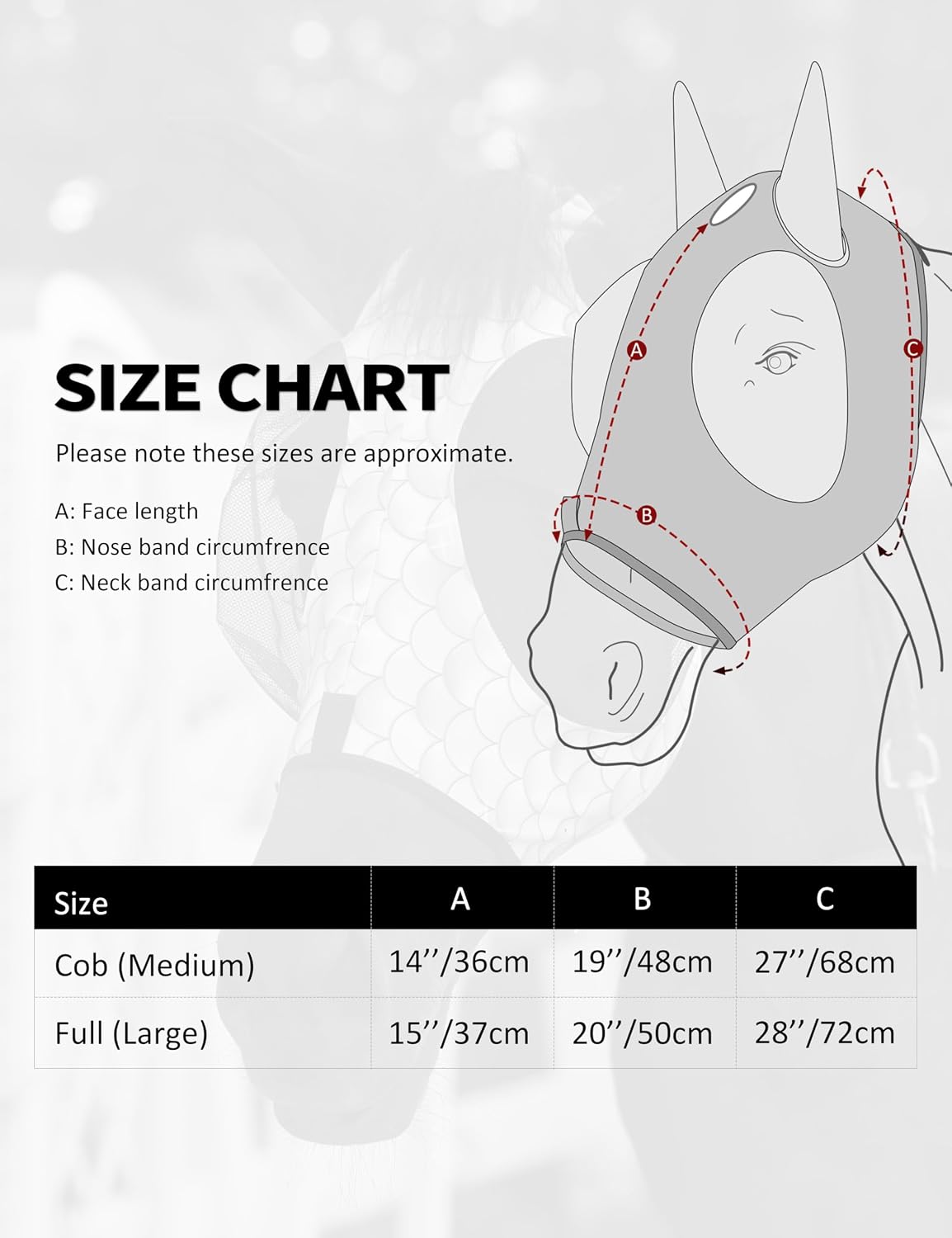 Comfortable stretch fabric detail of horse fly mask