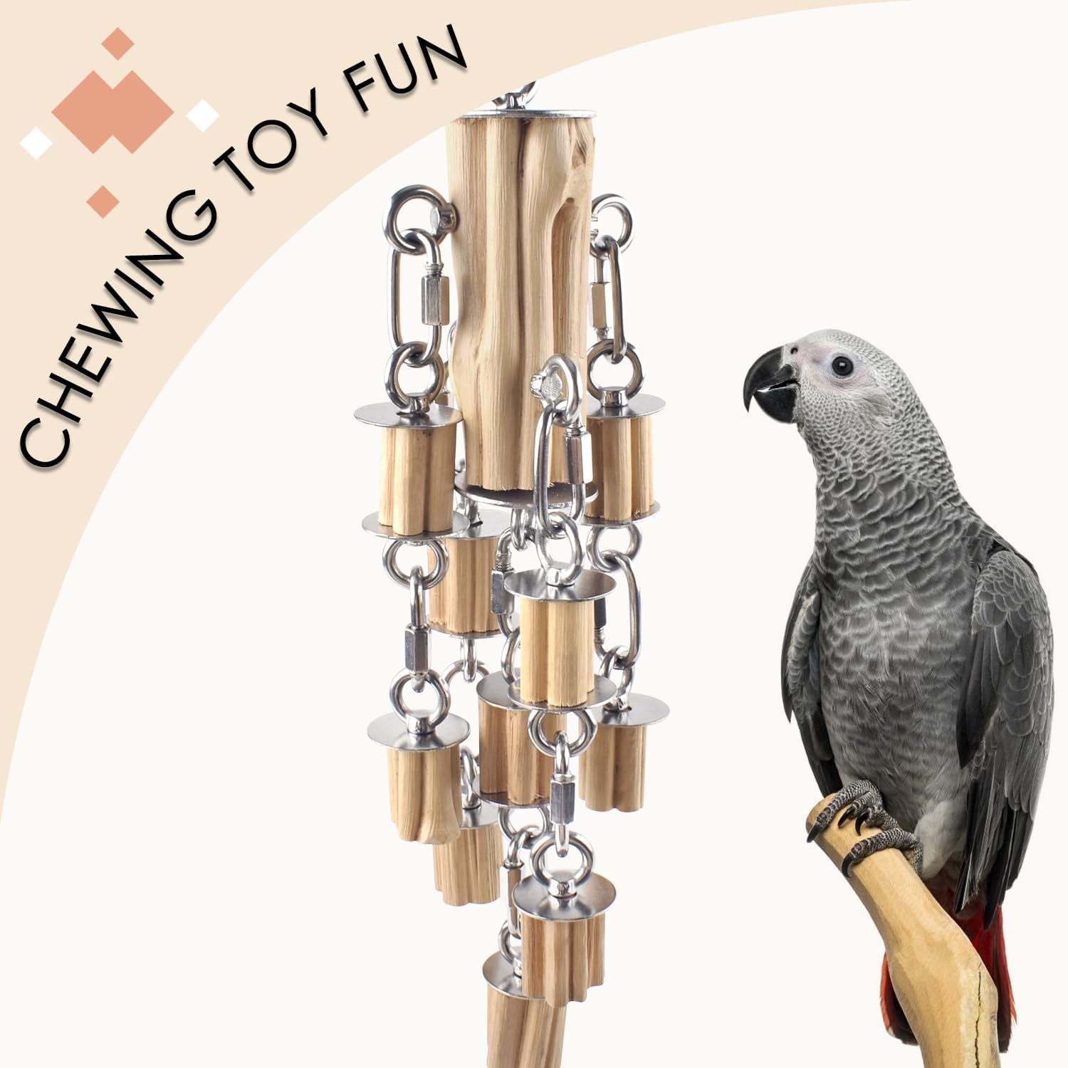 Detachable parts and spinning metal spoons on KATUMO large parrot toy.