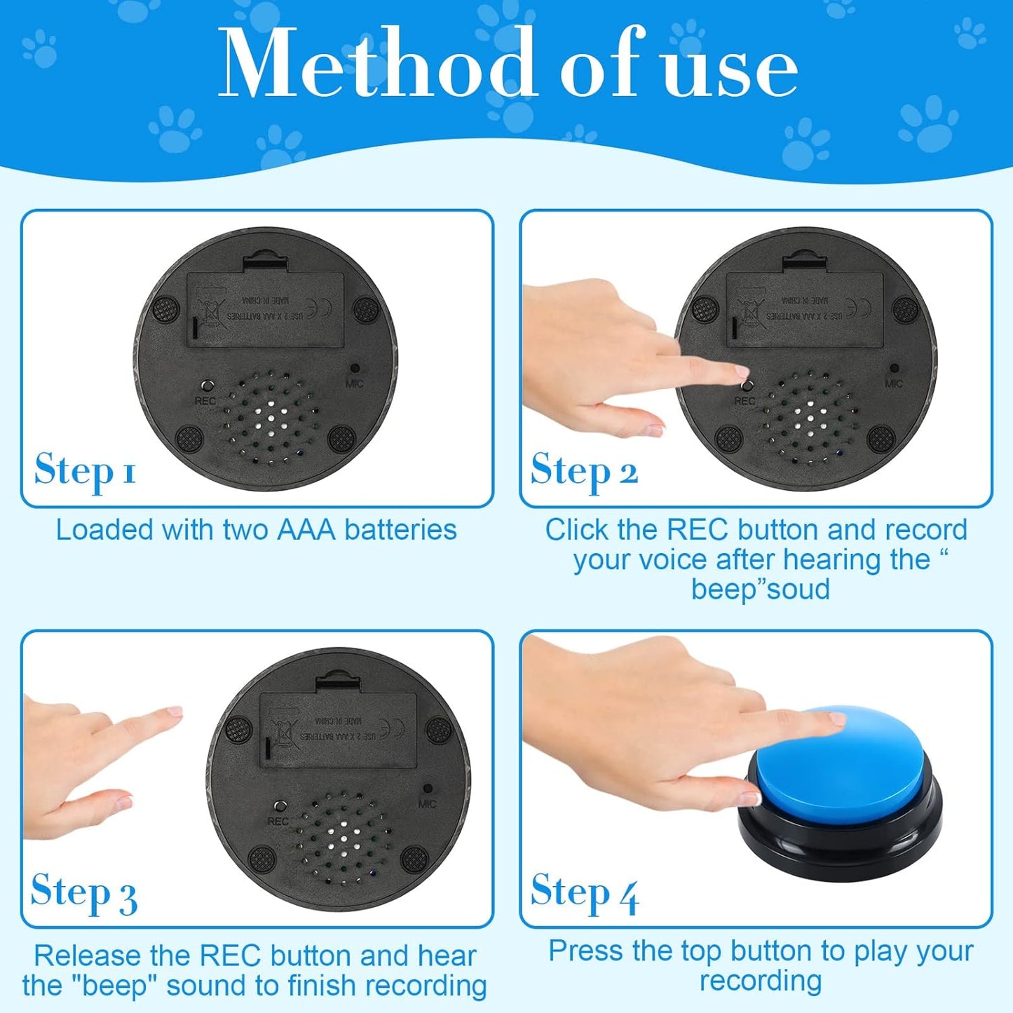 Eight different colored Jerify talking buttons for cat and dog communication training.