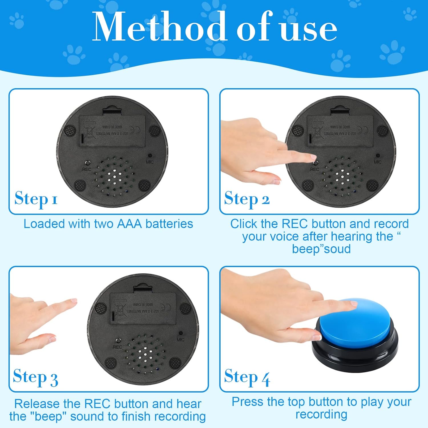 Eight different colored Jerify talking buttons for cat and dog communication training.
