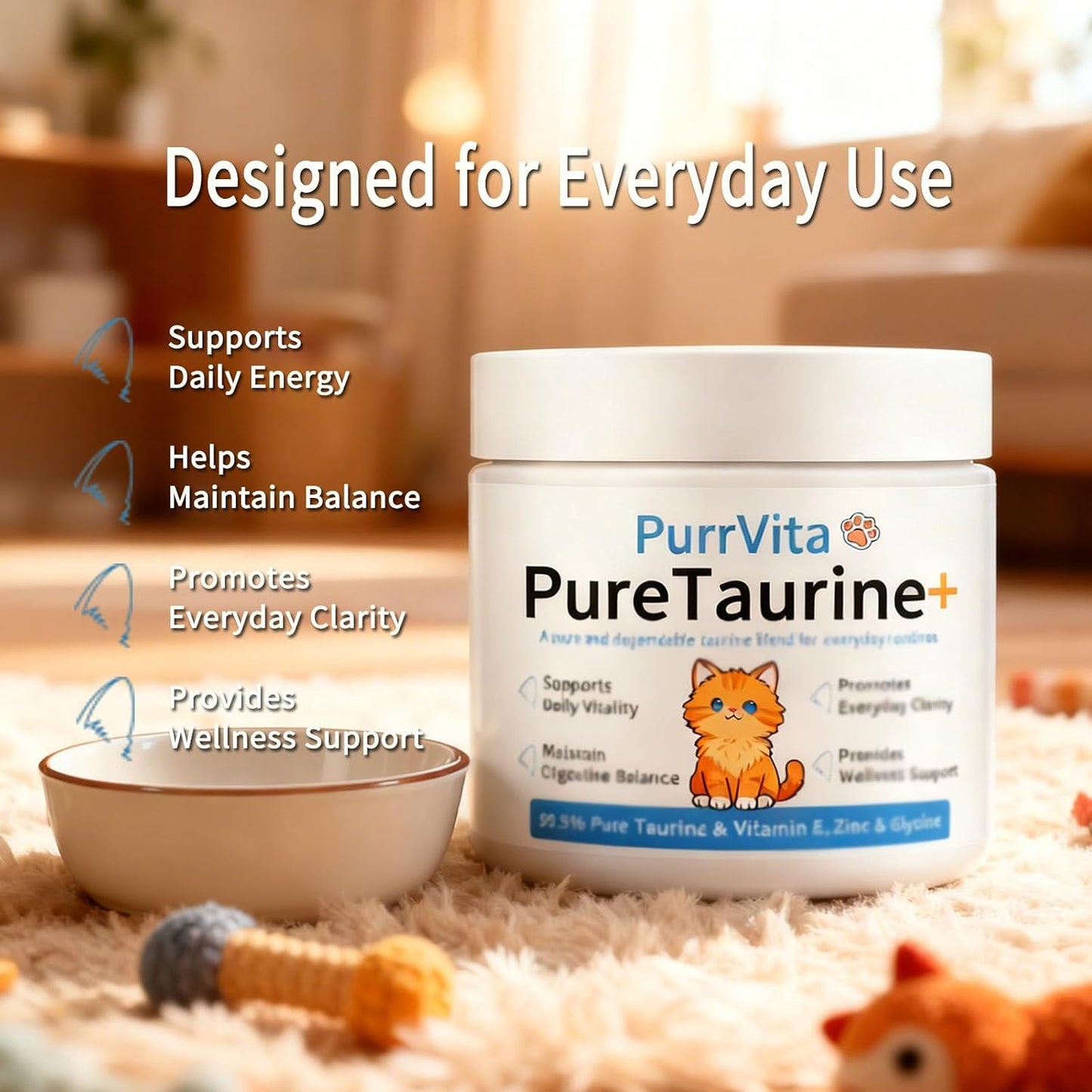 Premium USA imported taurine powder for cats daily wellness container side view