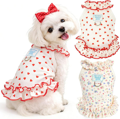 AXIIJGL dog dresses front view showing red heart pattern and ruffle sleeves.