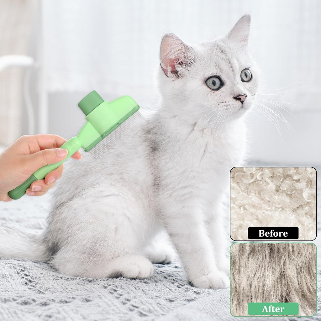 Close up of the one click hair release button on the deshedding pet comb.