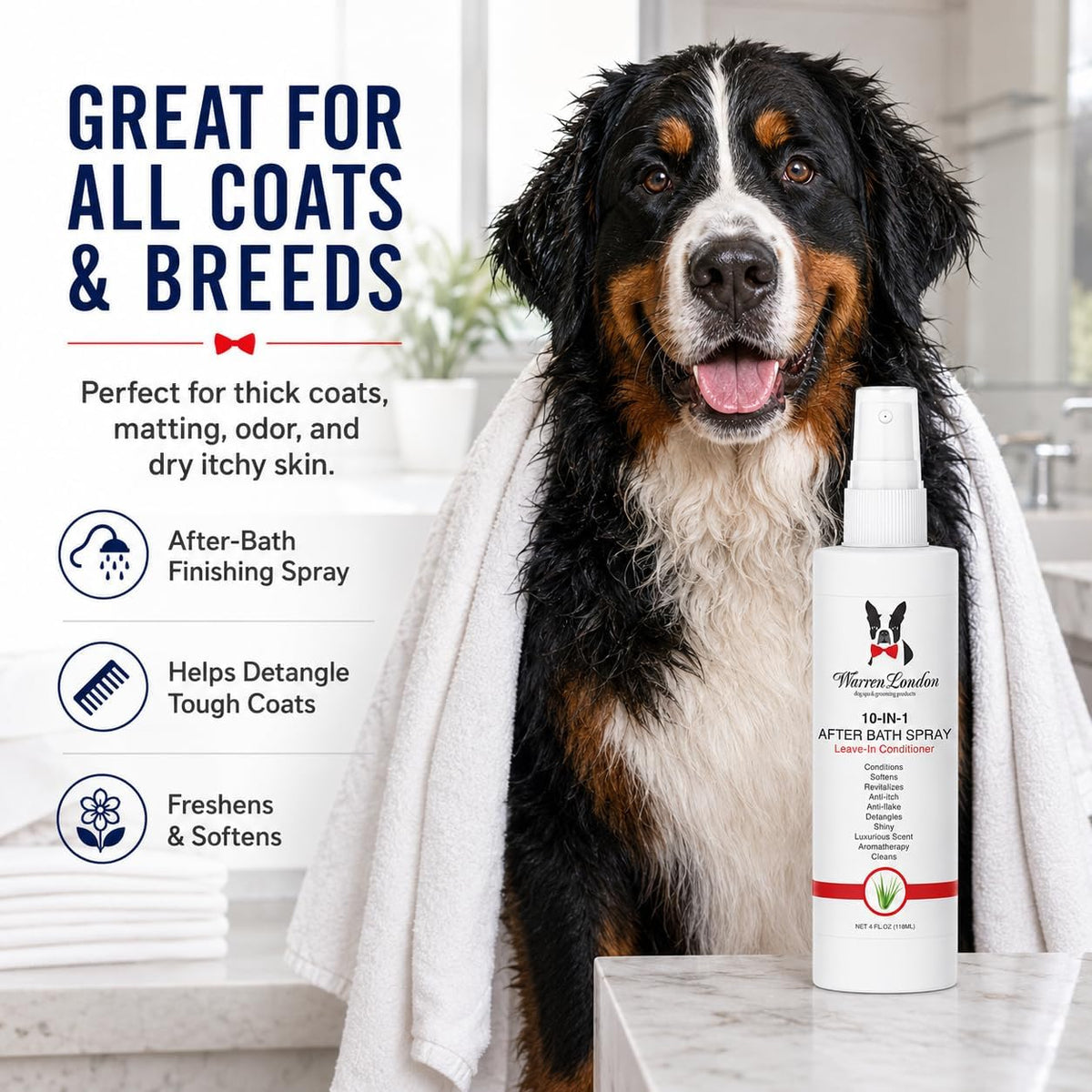 Warren London 10-in-1 pet grooming spray back label instructions