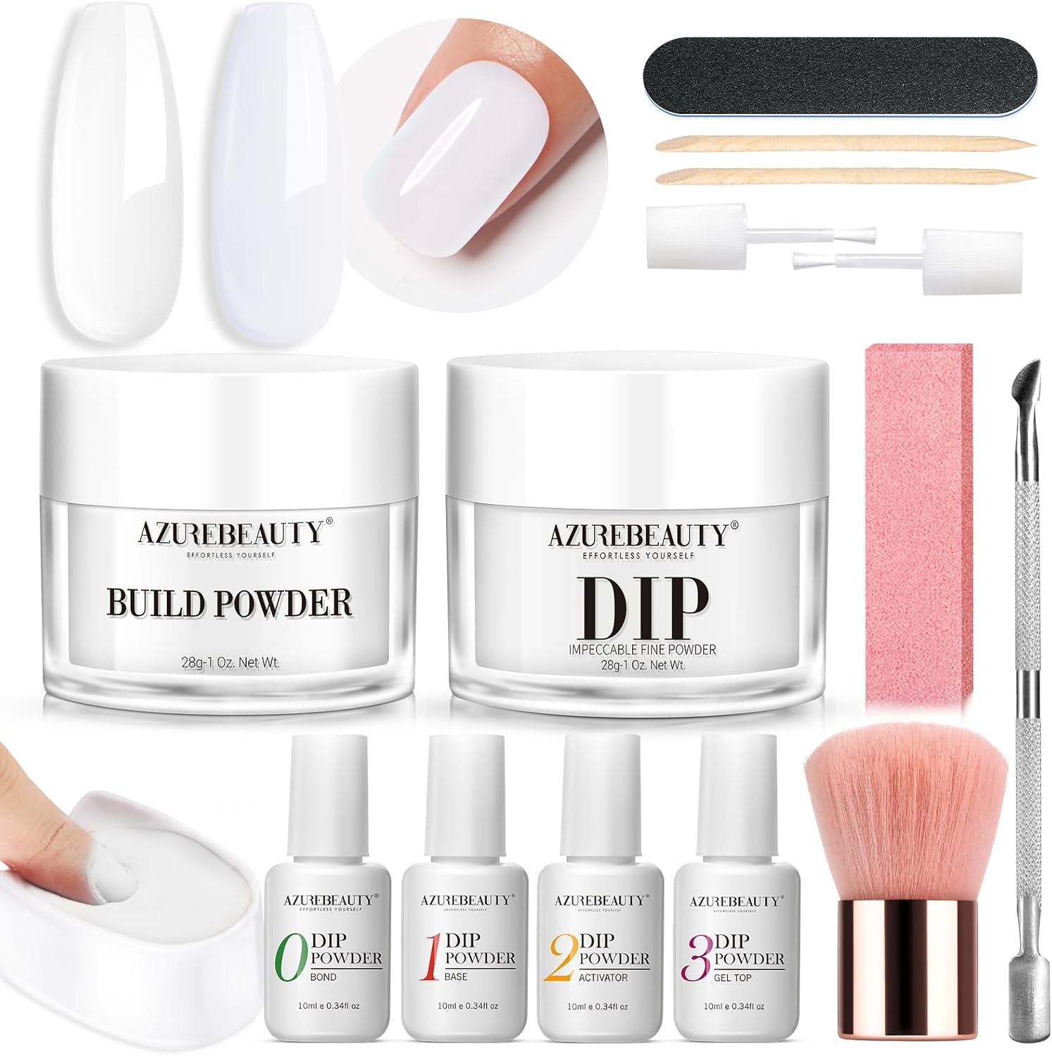 AZUREBEAUTY Clear & White Dip Powder Nail Kit with large 28g jars and essential liquids