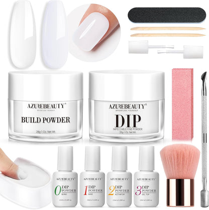 AZUREBEAUTY Clear & White Dip Powder Nail Kit with large 28g jars and essential liquids