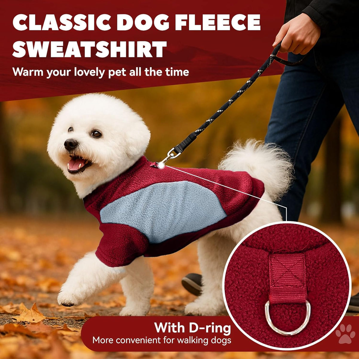 Close up view of the durable metal leash attachment ring on a fleece cat sweater