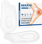 Benayo Plantar Fasciitis Heel Cups front view showing translucent blue gel cushions for orthopedic support.