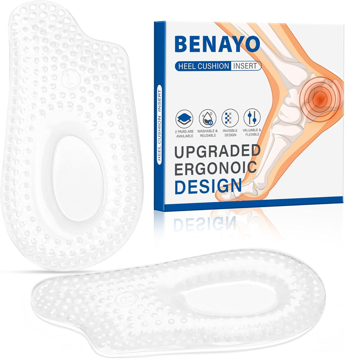 Benayo Plantar Fasciitis Heel Cups front view showing translucent blue gel cushions for orthopedic support.